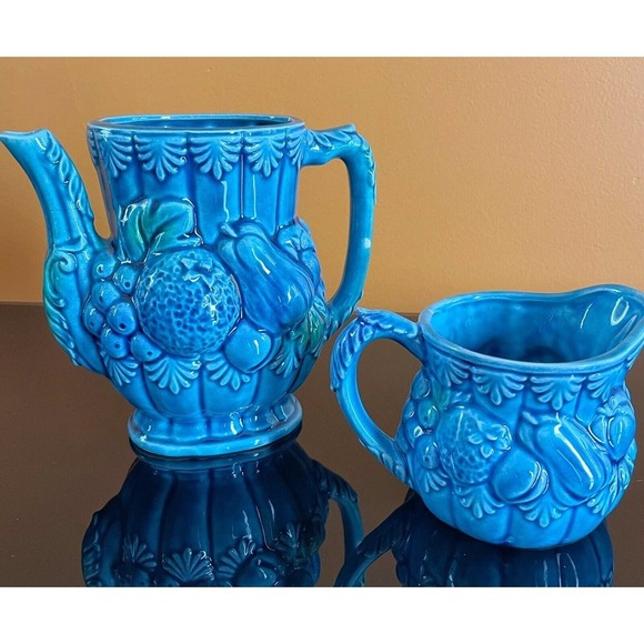 MAJOLICA Indigo Blue Pitcher and Creamer set Tilso Japan - Vintage 1960’s - Picture 1 of 5
